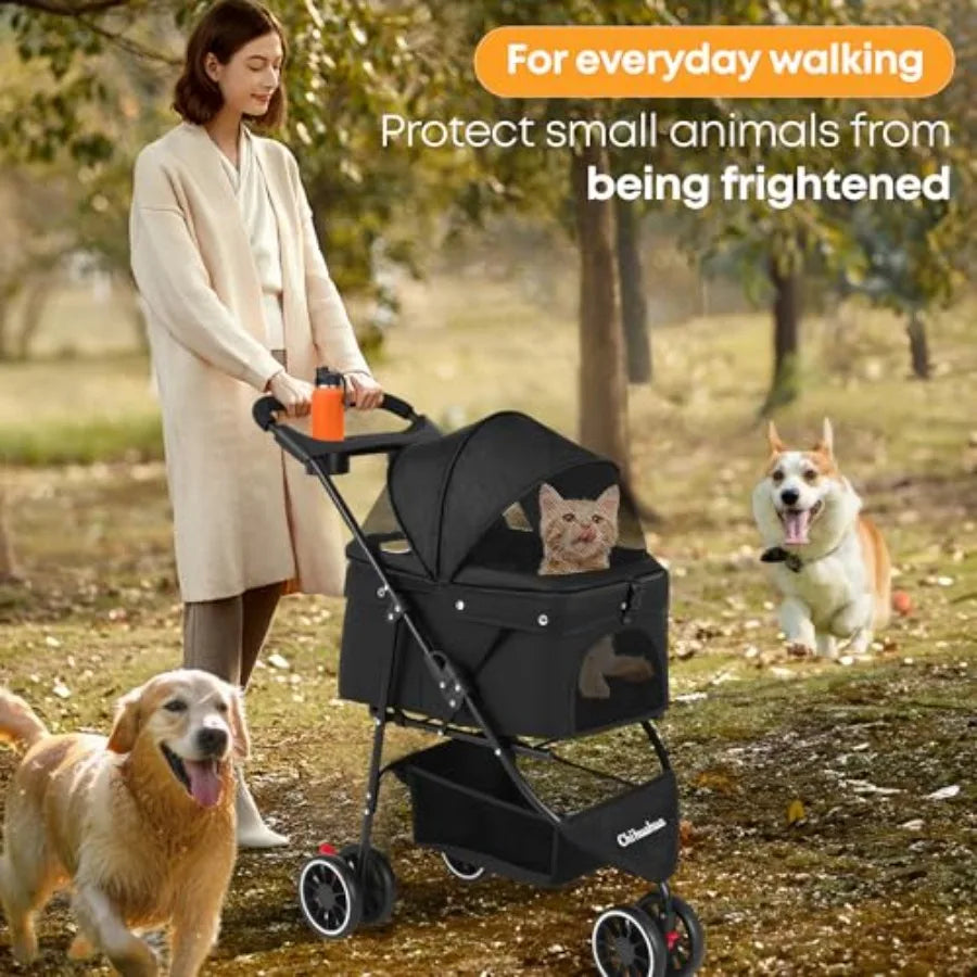 3-Wheel Foldable Pet Stroller with Breathable Mesh Canopy & Cup Holders for Dogs & Cats