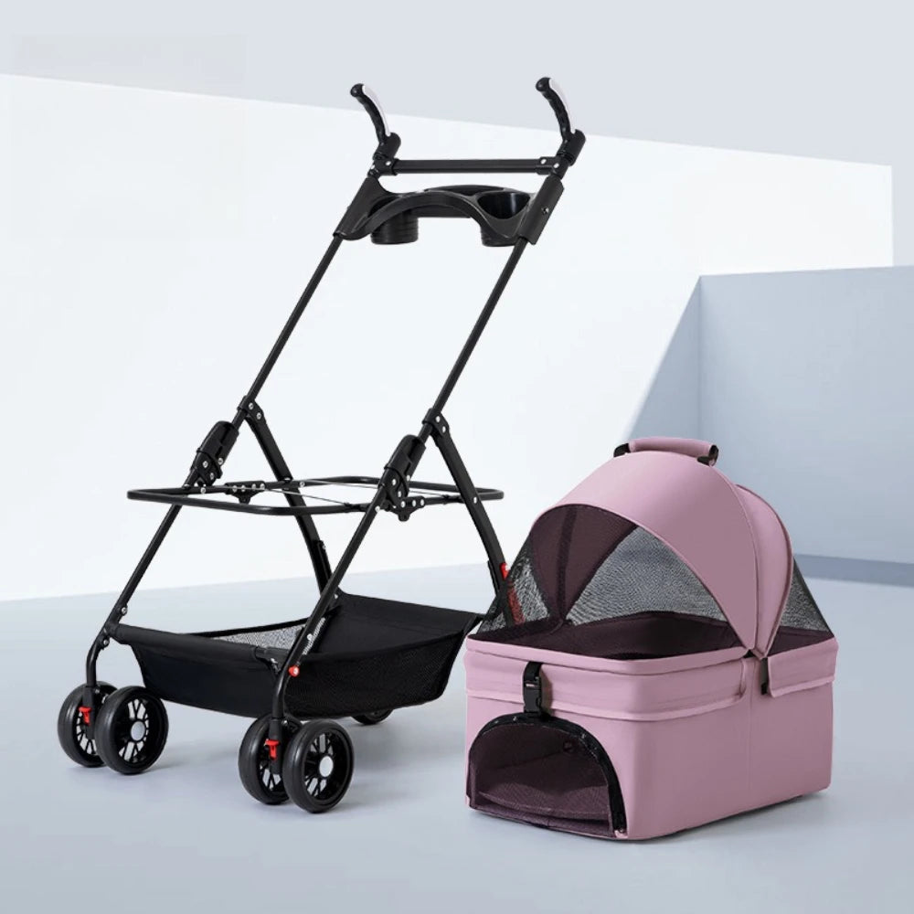 4-Wheel Foldable Dog & Cat Stroller with Cup Holder & Detachable Carrier