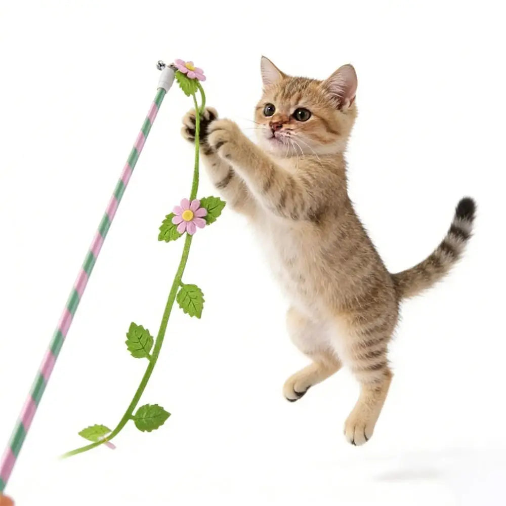 Felt Flower & Leaf Teaser Wand — Gentle Long Play Stick for Kittens