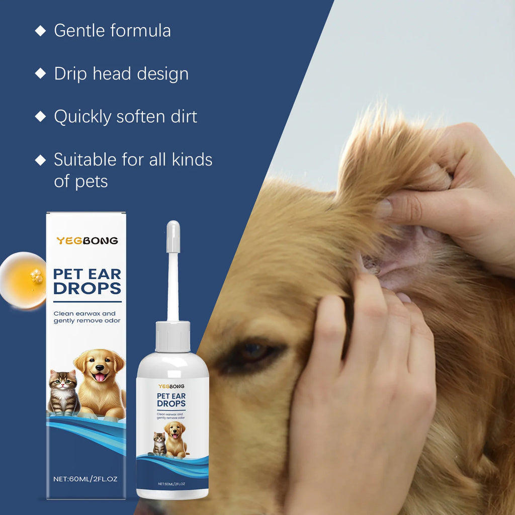 Pet Ear Cleaner Drops — Removes Mites, Wax & Odor, 60ml