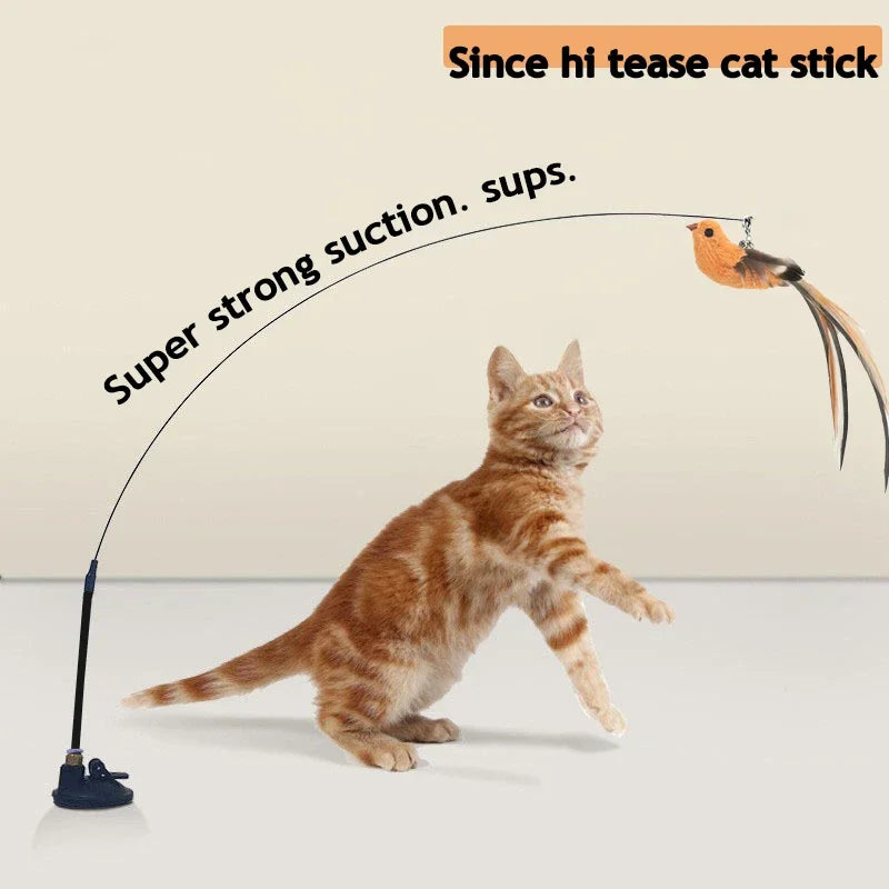 Bird Feather Cat Teaser Wand — Suction-Mount, Flexible Steel Wire