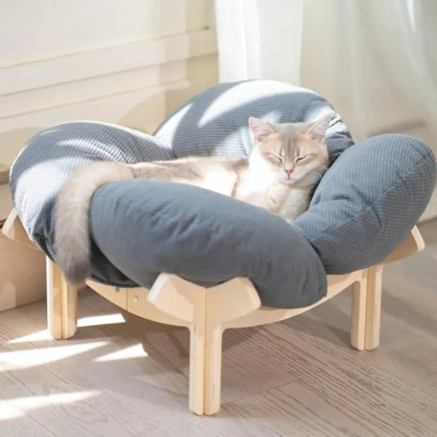 Elevated Wooden Cat Bed with Cushion for Cats & Small Dogs
