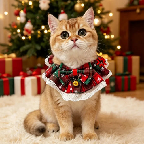 Christmas Snowflake Plaid Pet Bib Collar (Lace Bowknot & Bell)