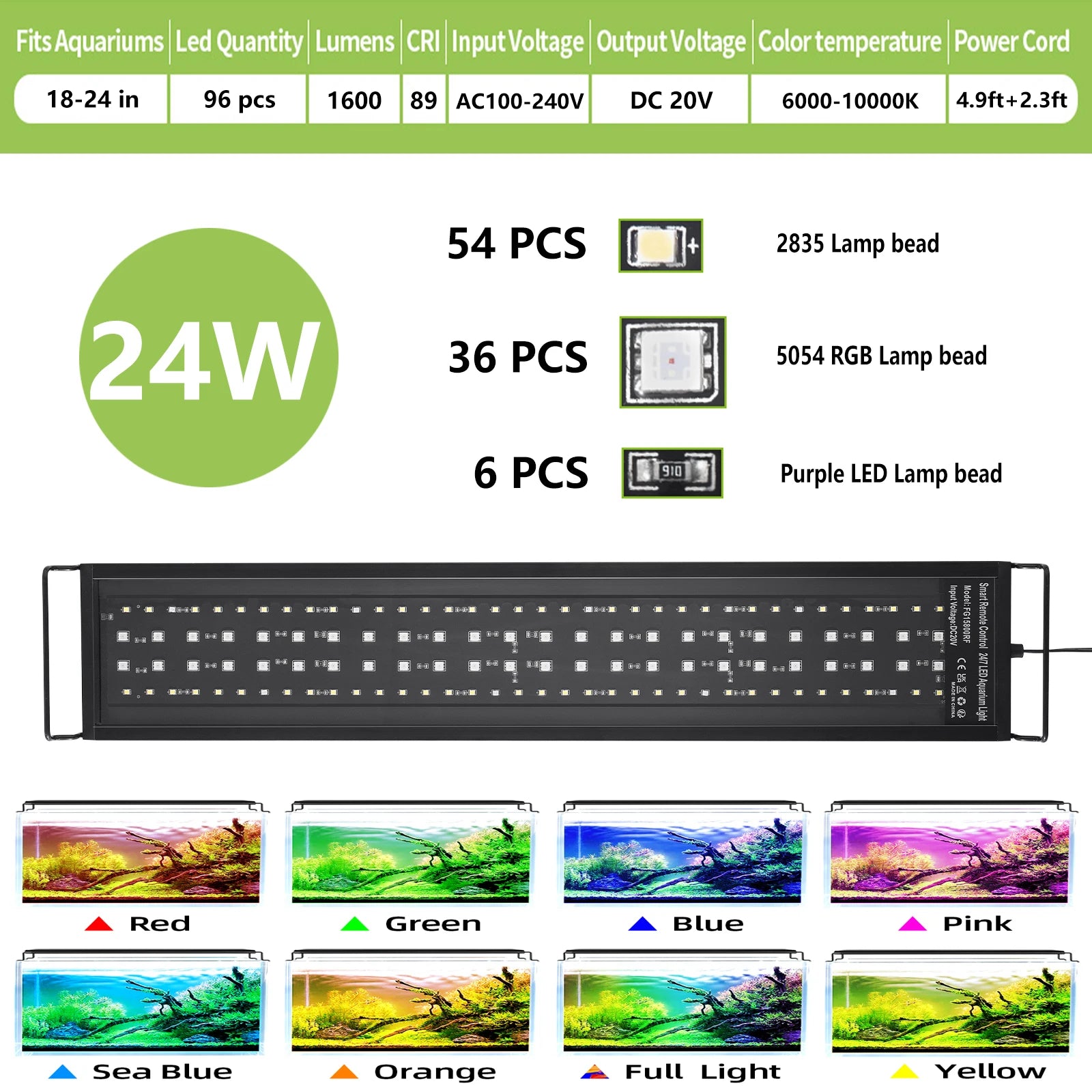 Full Spectrum Aquarium LED Light with Remote (30–60cm, IP68)