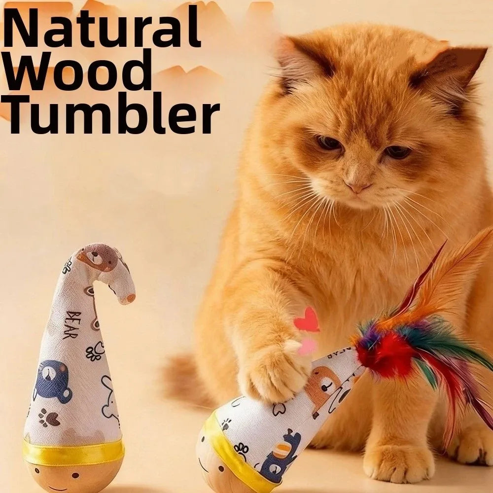 Cartoon Pattern Cat Tumbler Wobbler Toy with Feather — Bite-Resistant Kitten Wobble Ball