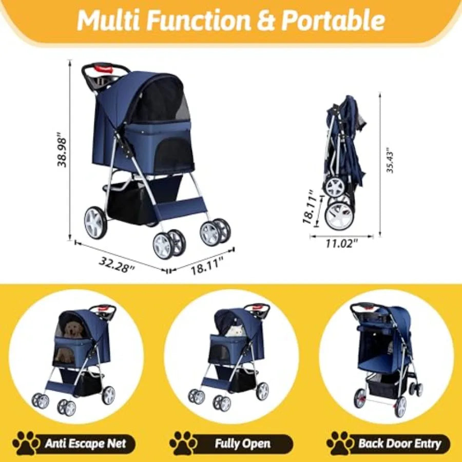 4-Wheel Pet Jogger Stroller Cart with Cup Holder for Small & Medium Dogs & Cats