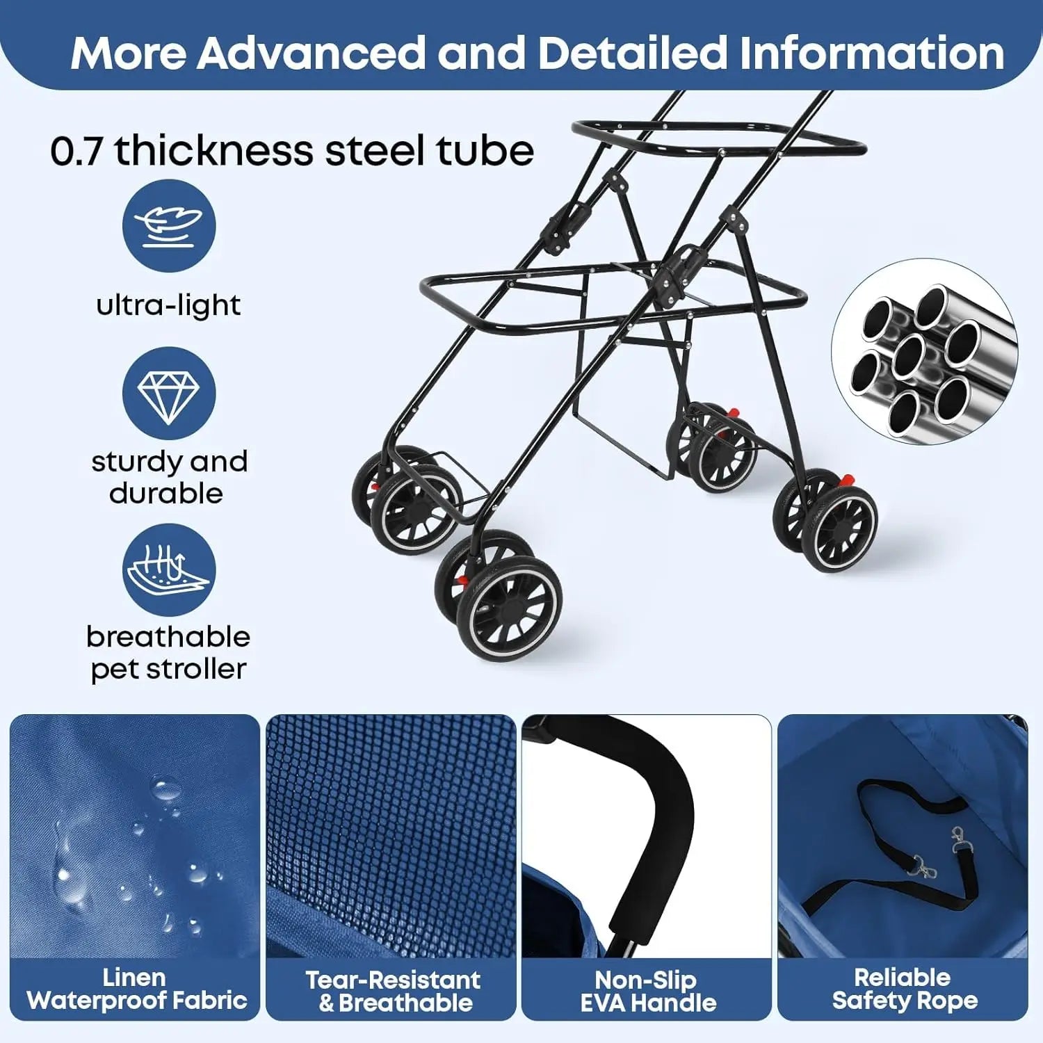Lightweight Folding Double Pet Stroller for 2 Dogs or Cats with 4 Lockable Wheels