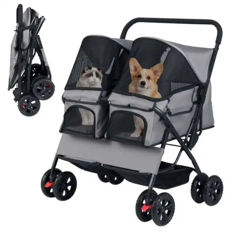 Foldable Double Pet Stroller with Adjustable Sunshade & Storage Basket