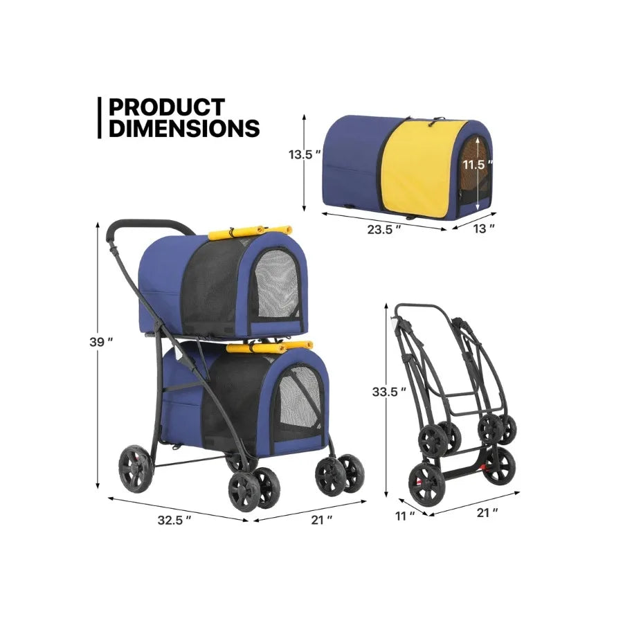 MoNiBloom Double Pet Stroller with Detachable Carrier Bags & Large 4 Wheels for Dogs & Cats