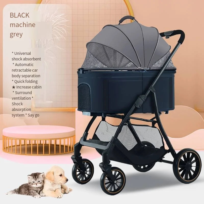 2026 Lightweight Foldable Pet Stroller with Detachable Small Cart for Dogs & Cats