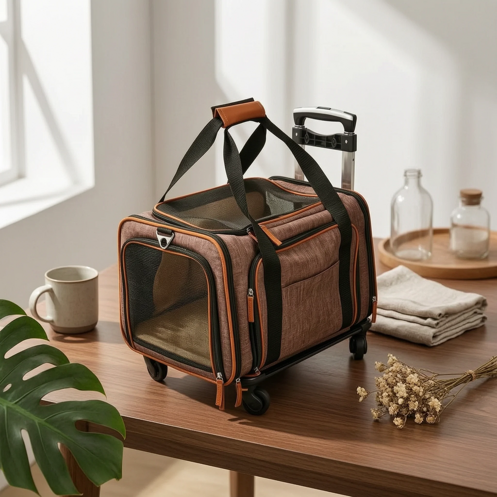 Mesh Ventilated Soft-Sided Rolling Pet Carrier with Breathable Windows for Travel & Errands