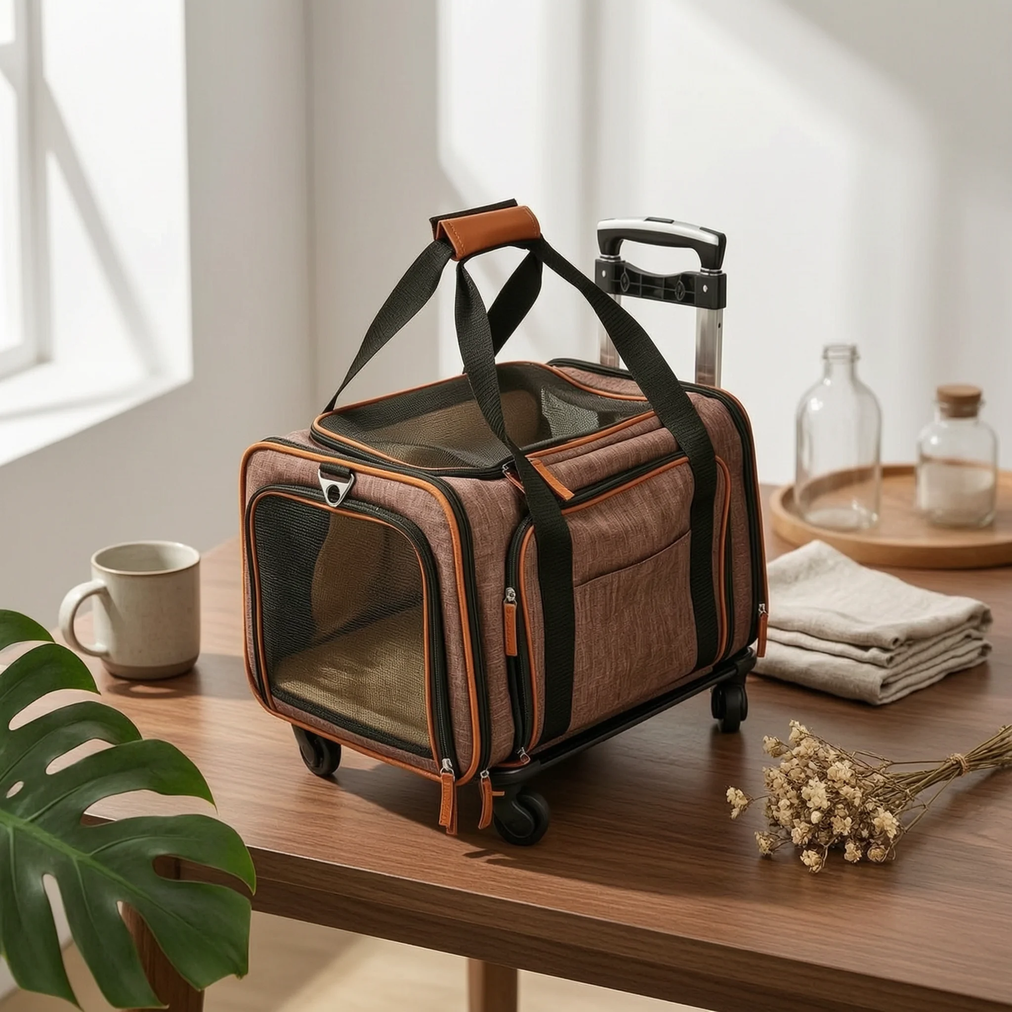Mesh Ventilated Soft-Sided Rolling Pet Carrier with Breathable Windows for Travel & Errands