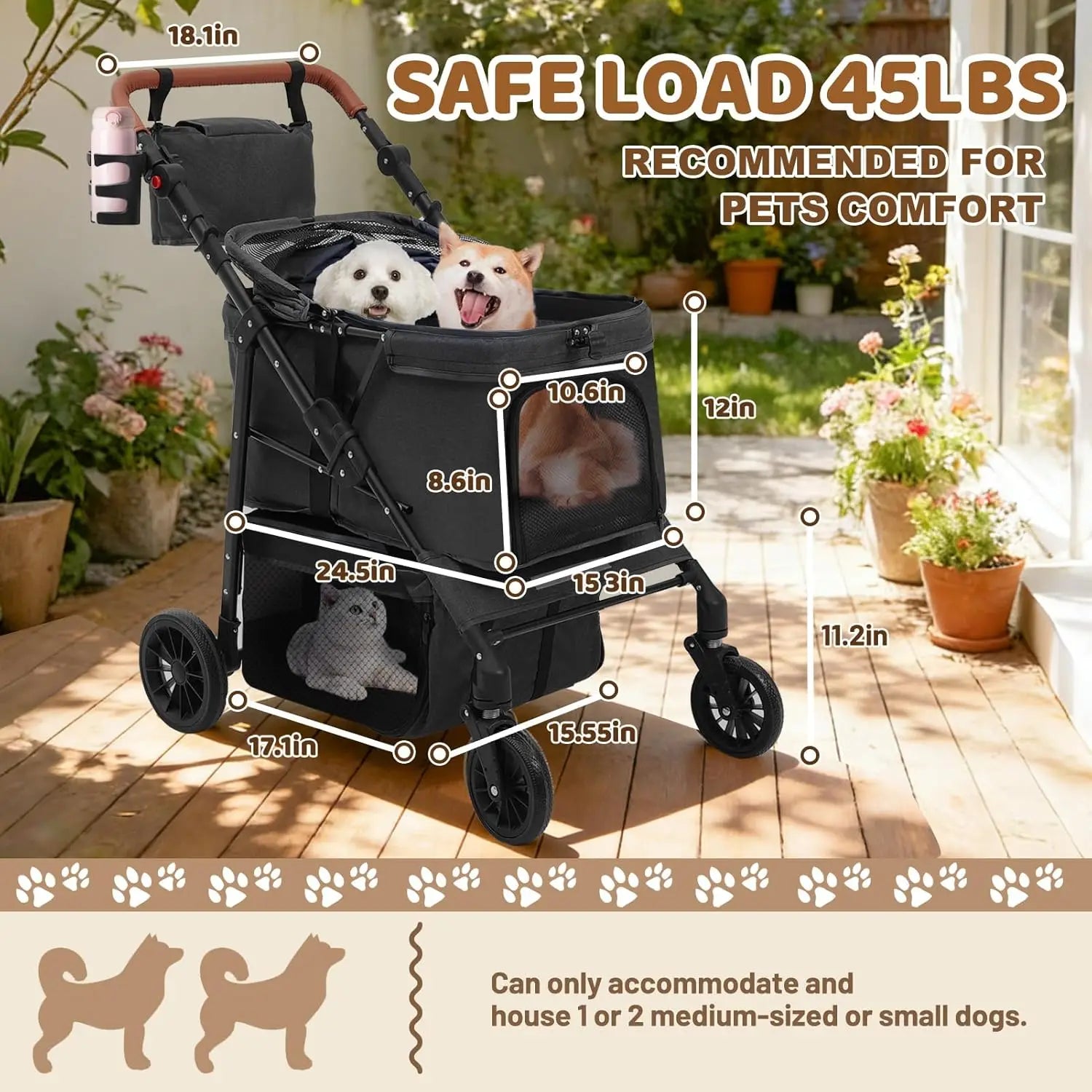 All-Terrain 4-Wheel Double Pet Stroller for 2 Small Dogs with Canopy & Cup Holder