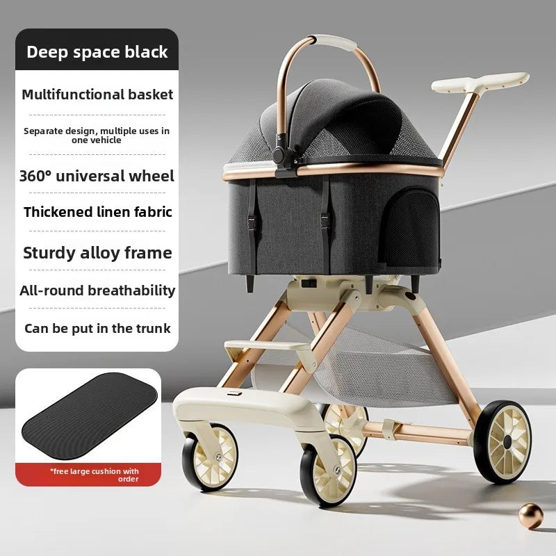 Aluminum Alloy Foldable Pet Stroller with Detachable Carrier for Cats & Dogs