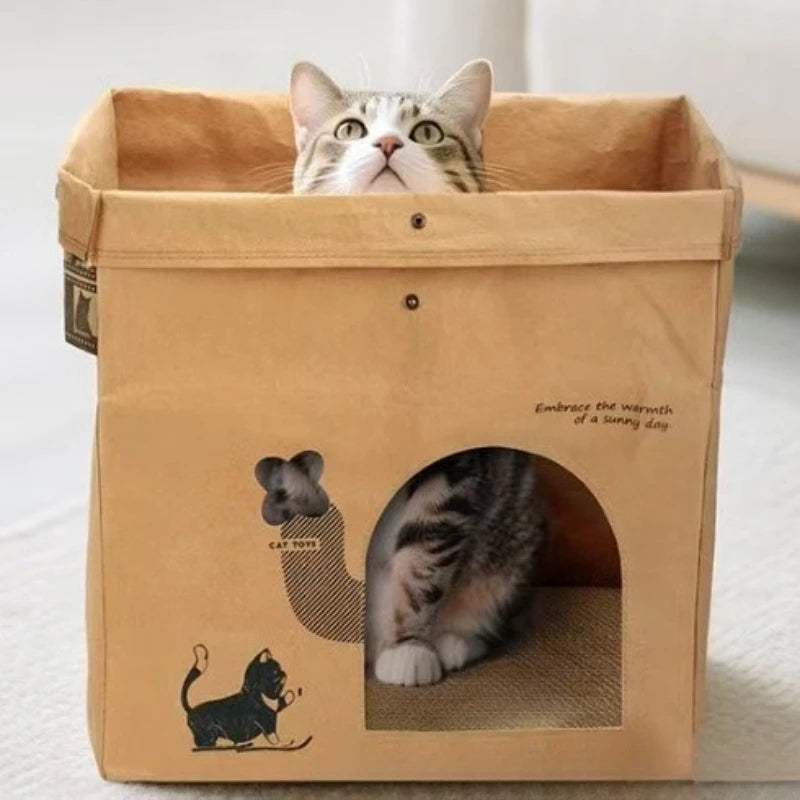 Foldable Kraft Paper Cat Bed House with Scratch Board
