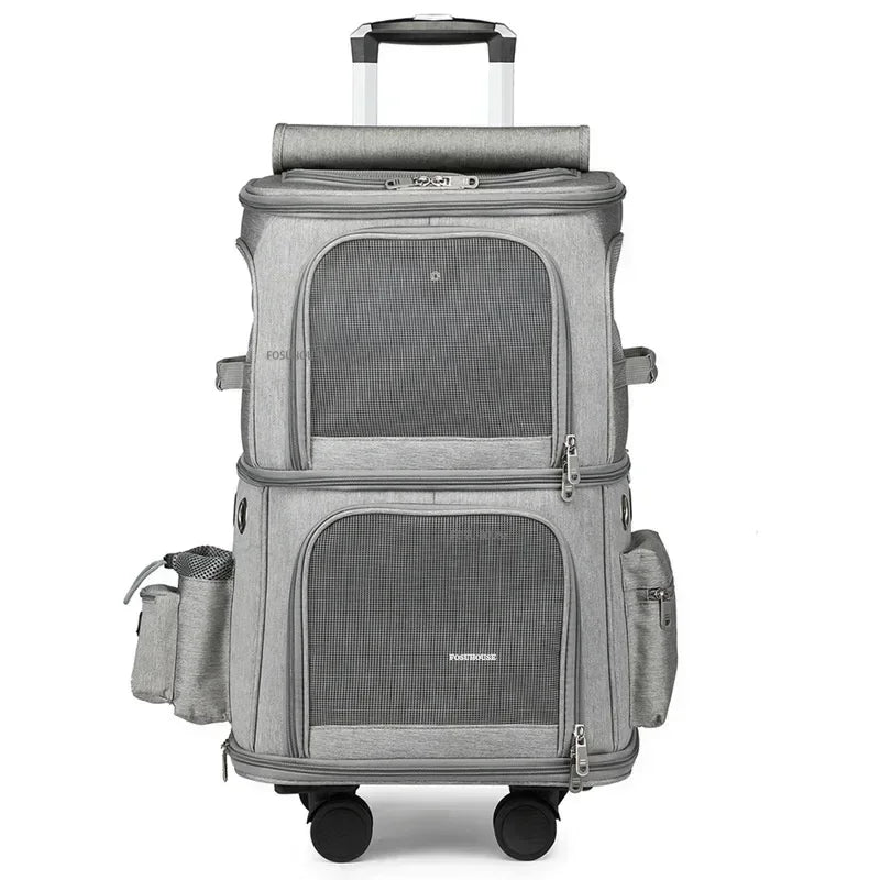 Double-Layer Large-Capacity Breathable Pet Trolley Case for 2 Dogs & Cats — Portable Outdoor Travel Carrier
