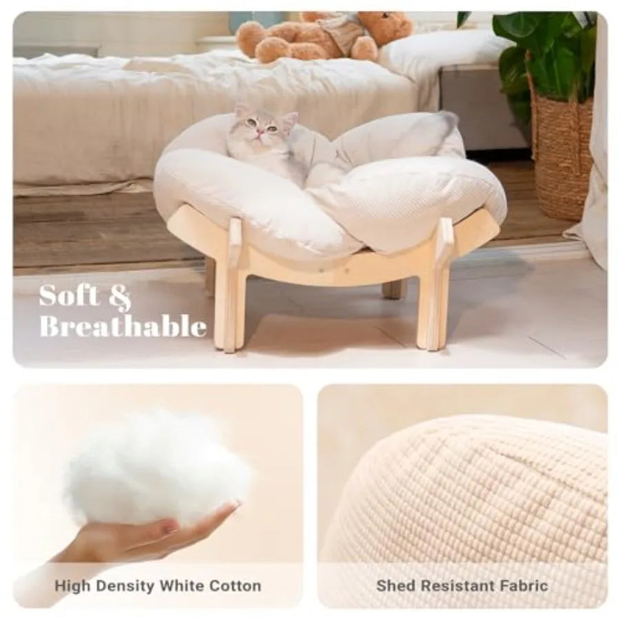 Elevated Wooden Cat Bed with Cushion for Cats & Small Dogs