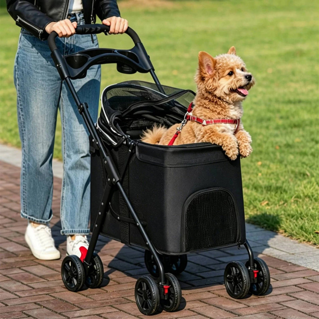 Foldable Wheeled Mesh Pet Stroller & Carrier for Small Dogs & Cats