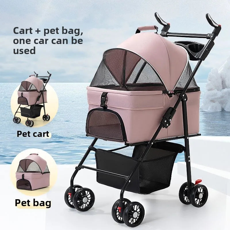 3-in-1 Folding Dog Stroller (4-Wheel, Detachable Carrier)