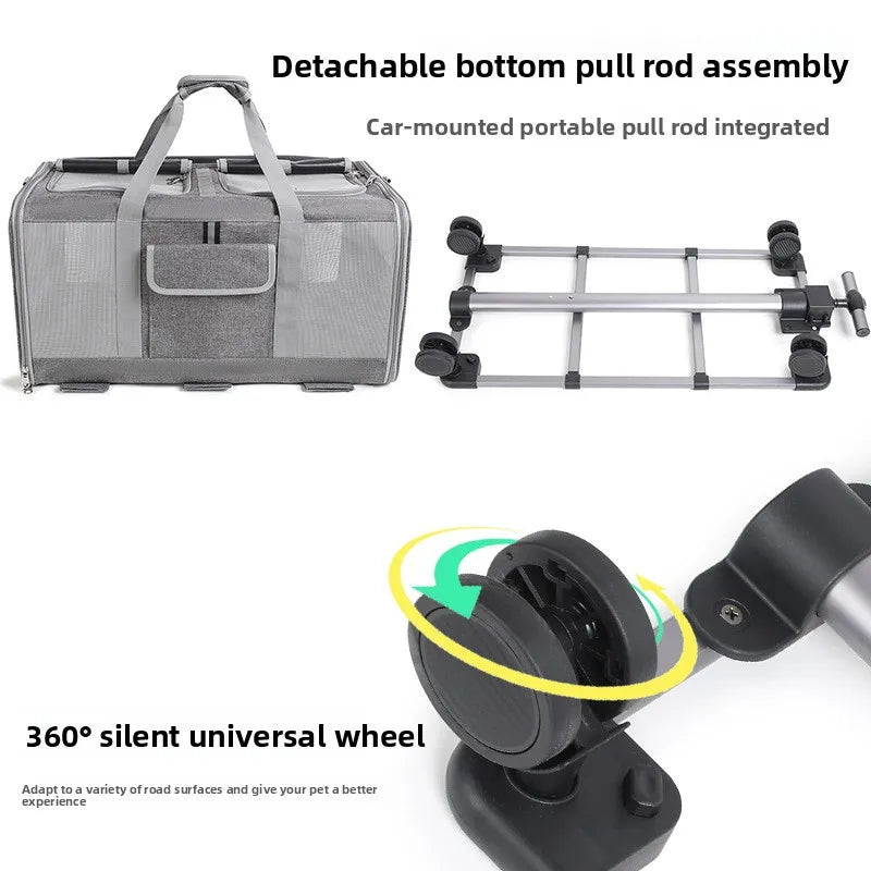 Dual Compartment Multifunctional Pet Stroller with Folding Rolling Cart for Outdoor Travel