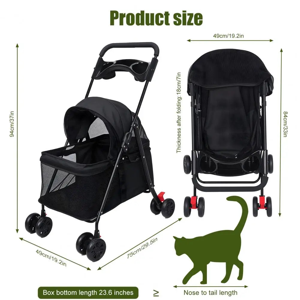 Foldable 4-Wheel Cage Pet Stroller with Cup Holder & Mesh Window for Dogs & Cats