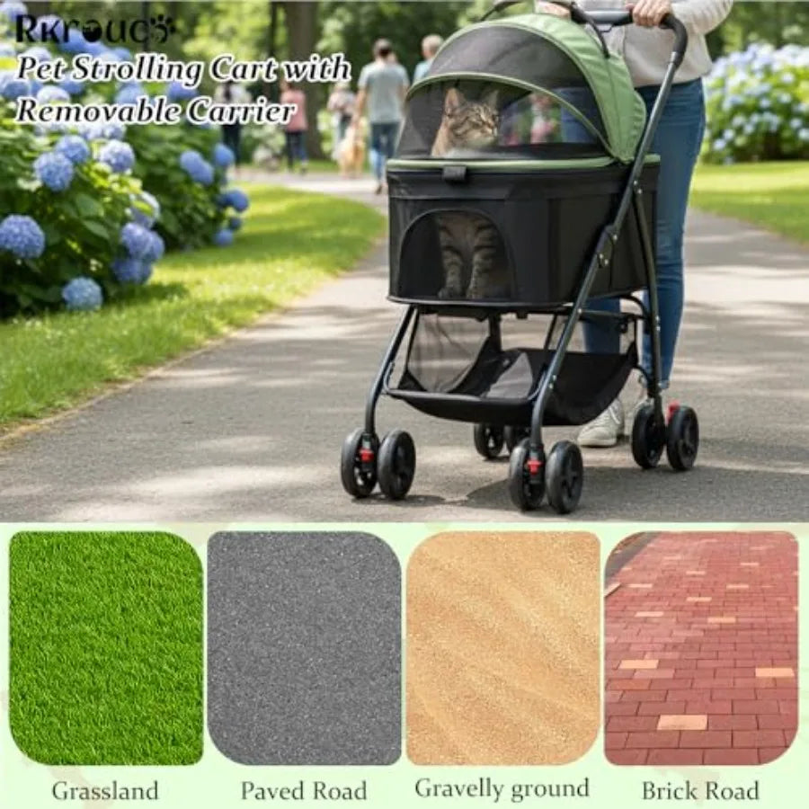 3-in-1 Multifunction 4-Wheel Folding Dog Stroller with Detachable Carrier