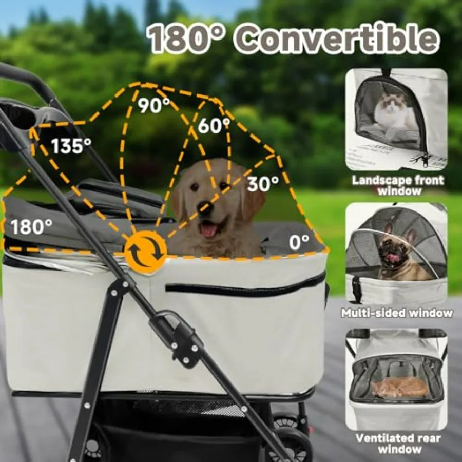 3-in-1 Foldable 4-Wheel Pet Stroller with Detachable Carrier & Mesh for Small Pets