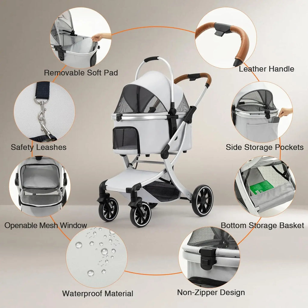 3-in-1 Foldable Pet Stroller with Detachable Carrier, Storage Basket & Pet Pad — Safe Outdoor Cart