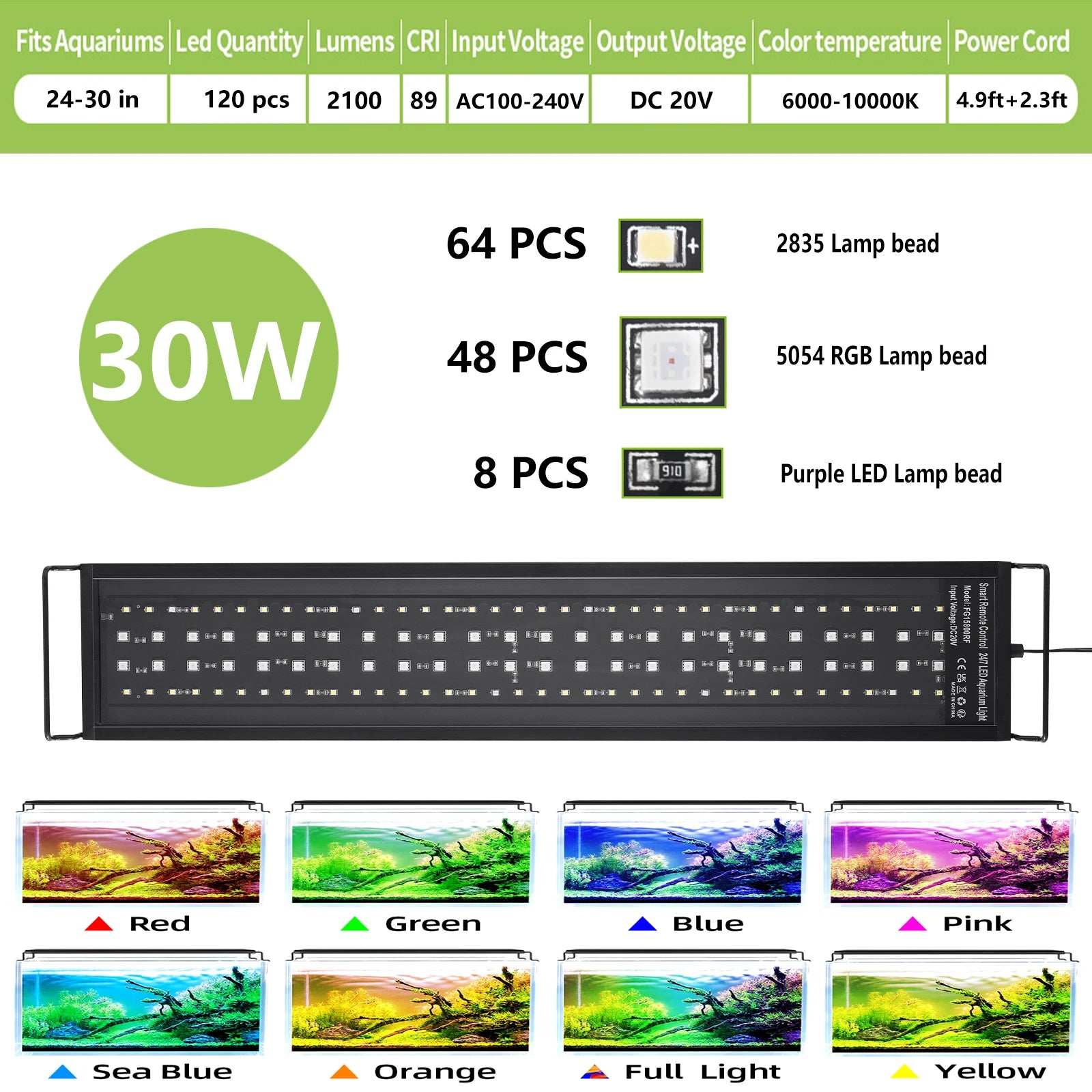 Full Spectrum Aquarium LED Light with Remote (30–60cm, IP68)