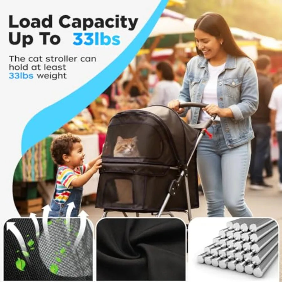 3-Wheel Foldable Pet Stroller with Cup Holder for Small & Medium Dogs & Cats — Lightweight Travel Carrier