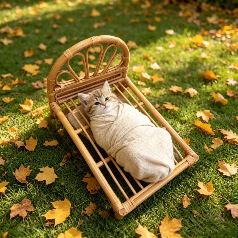 Mini Rattan Cat Bed Frame for Kitten Photo Shoots