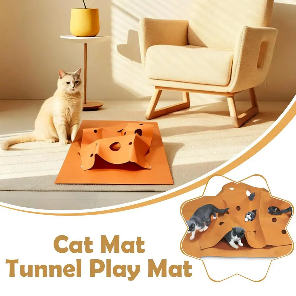 120x90cm Foldable Cat Play Mat & Tunnel Blanket — Agility Training Pad with Chew & Dig Surface