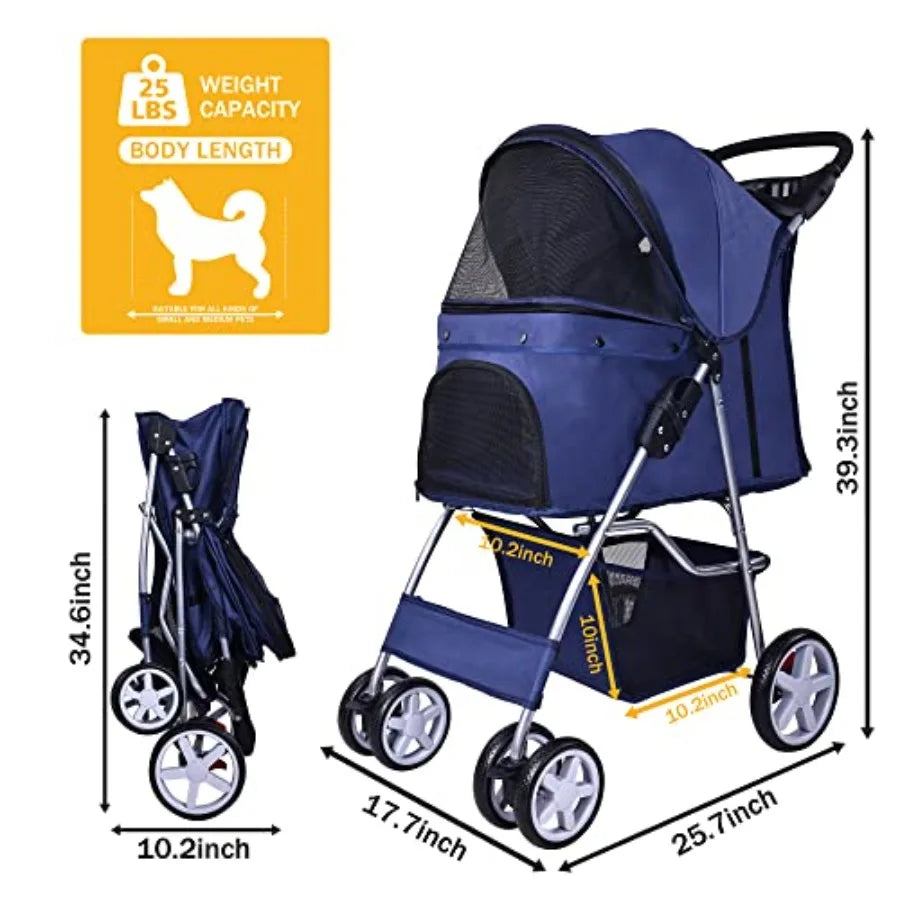 Multi-Function 4-Wheel Foldable Pet Stroller with Detachable Carrier for Dogs & Cats — Portable Travel Cart