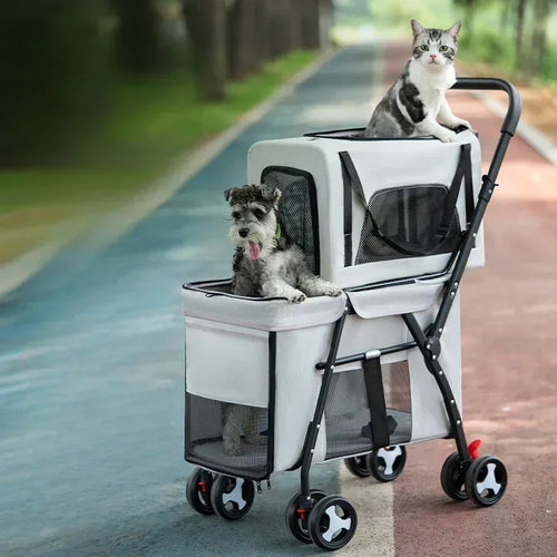 Multifunctional Double-Layer Pet Cart Lightweight and Foldable Pet Outdoor Travel Stroller Ventilated and Breathable Dog Cart