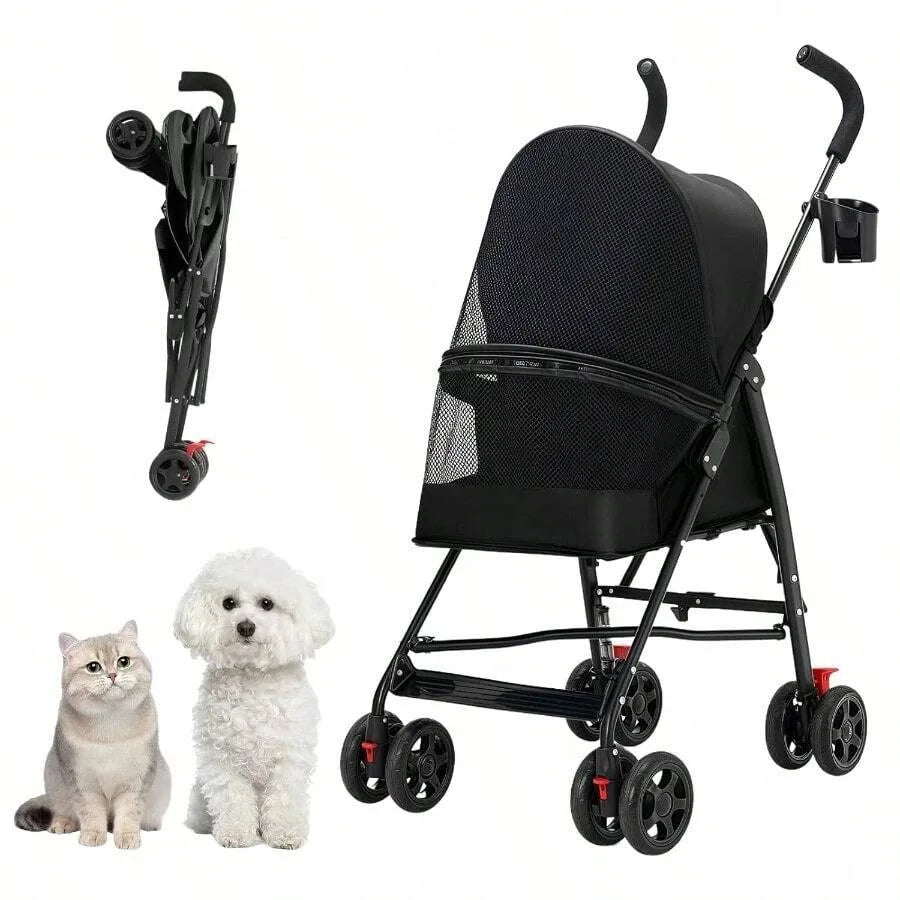 4-Wheel Foldable Pet Stroller with Cup Holder for Puppies & Cats up to 15 lbs