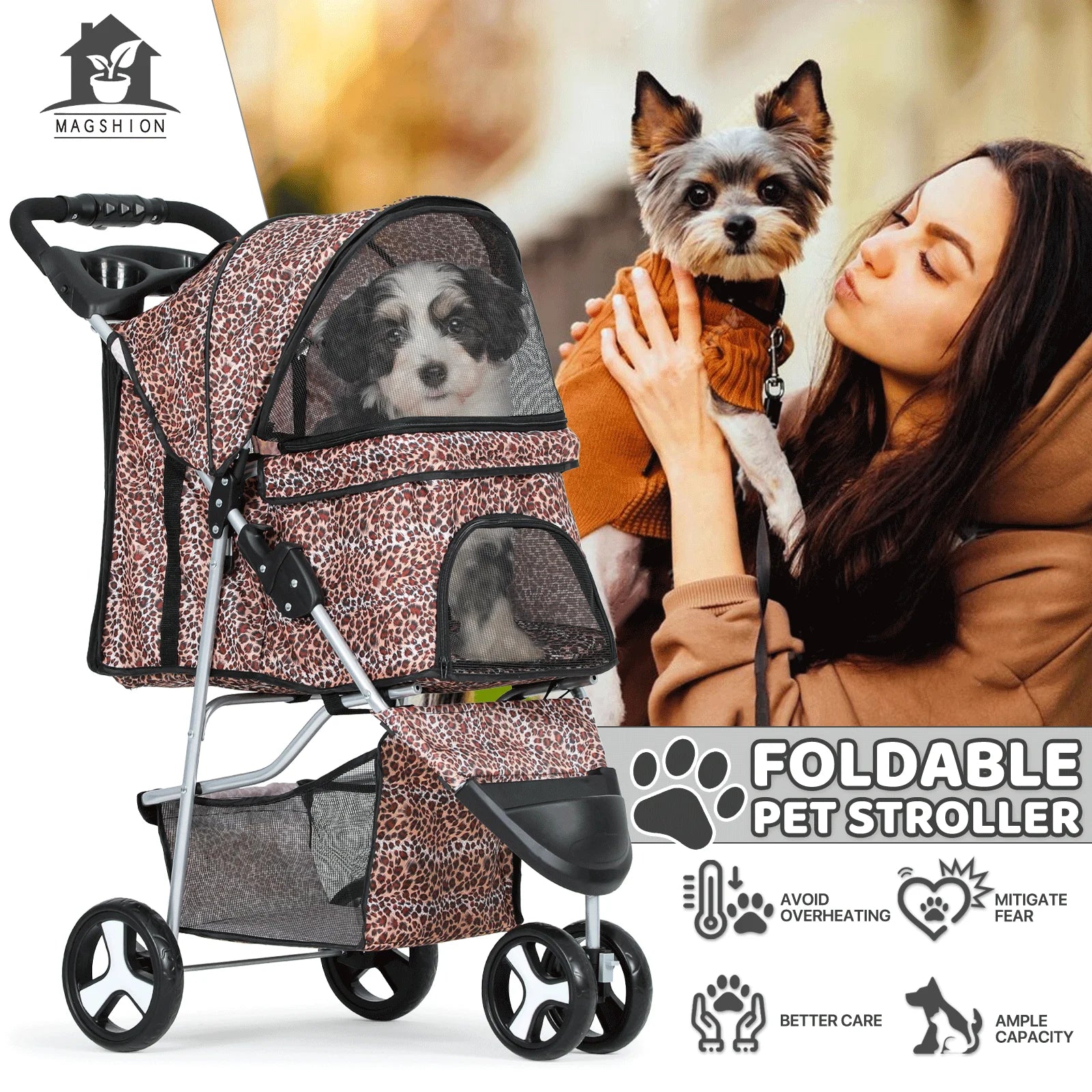 Magshion Foldable 3-Wheel Pet Jogger Stroller with Storage Basket & Cup Holder