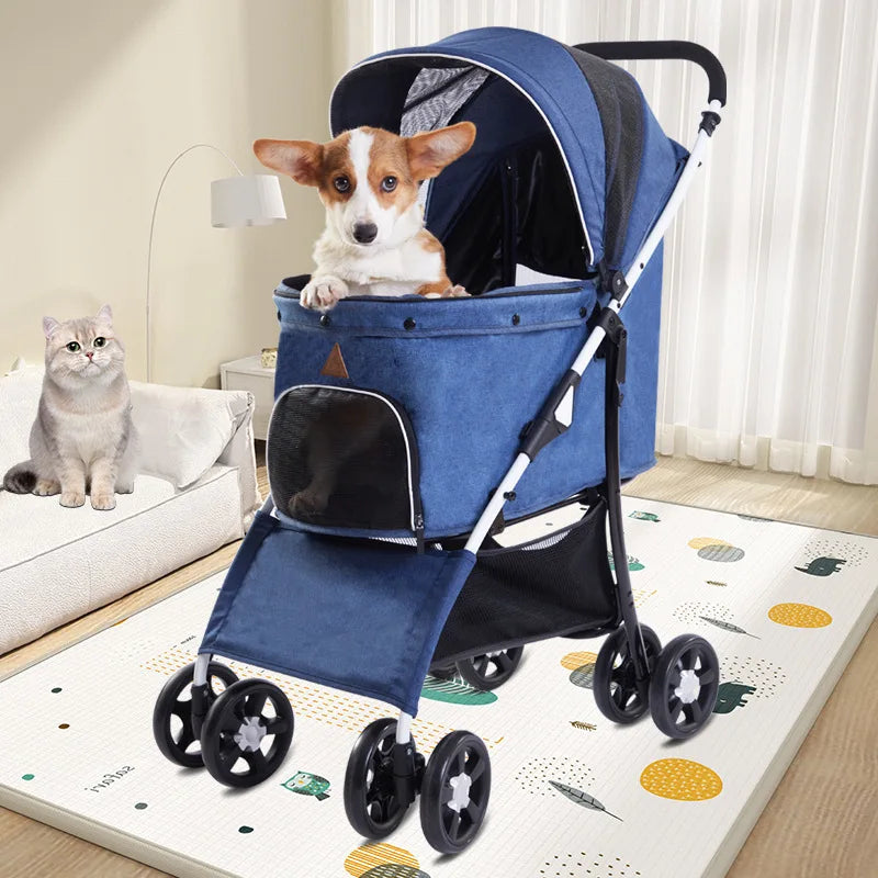 Folding 4-Wheel Removable Pet Walk Carrier Stroller for Cats & Dogs
