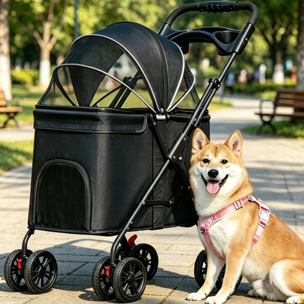 Foldable Wheeled Mesh Pet Stroller & Carrier for Small Dogs & Cats