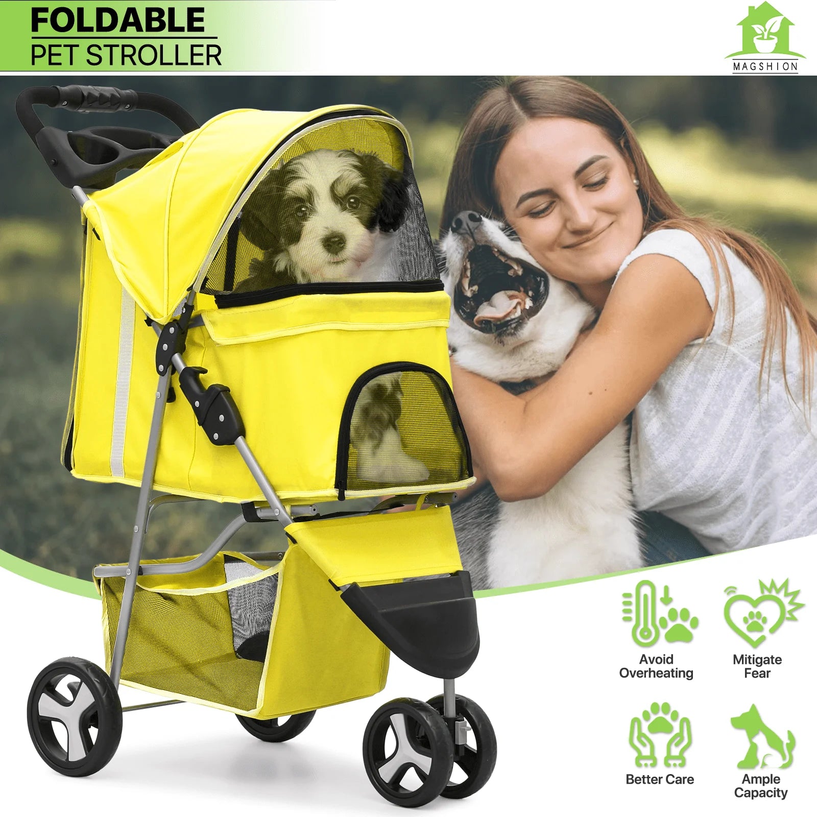Magshion Foldable 3-Wheel Pet Jogger Stroller with Storage Basket & Cup Holder