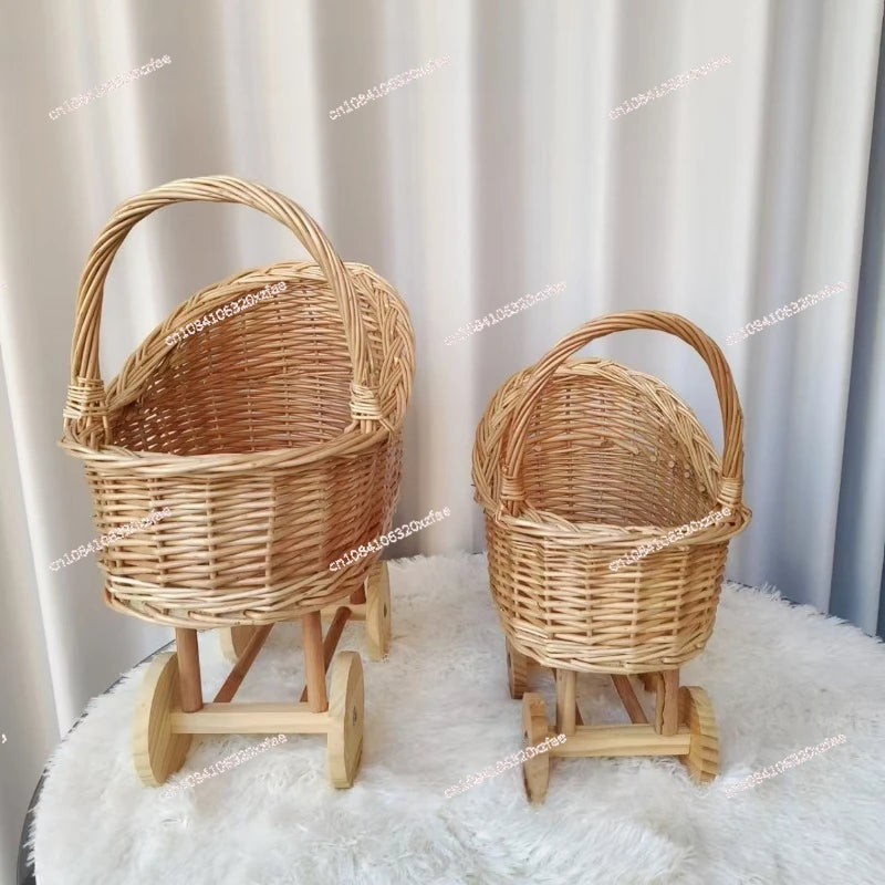 Handwoven Wicker Pet & Infant Bassinet Stroller with Storage Basket