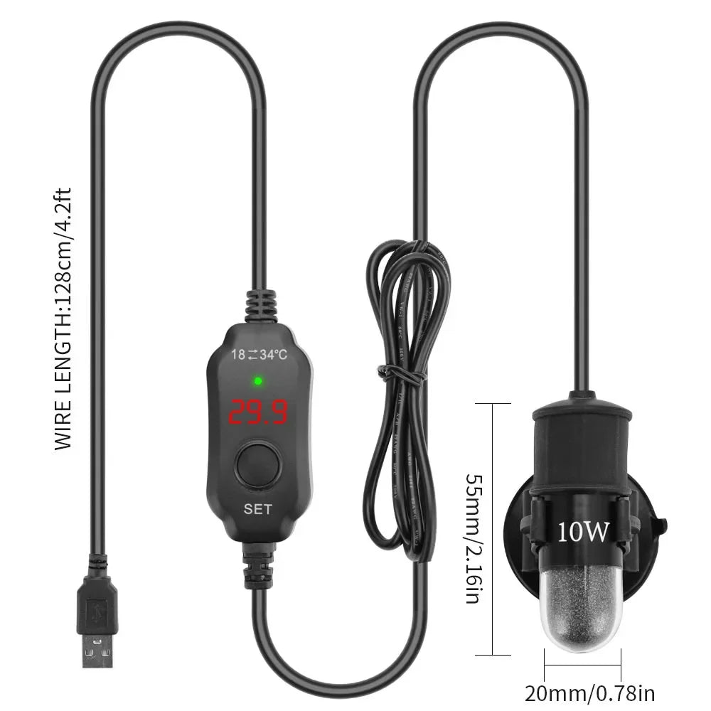 USB Mini Aquarium Heater Rod (Submersible, 18–34°C Adjustable)