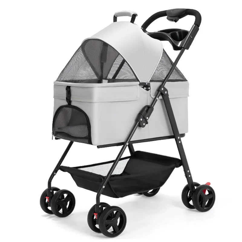 Ultra-Breathable Mesh One-Hand Folding Pet Stroller with Dual Zippered Doors & Detachable Carrier for Dogs & Cats