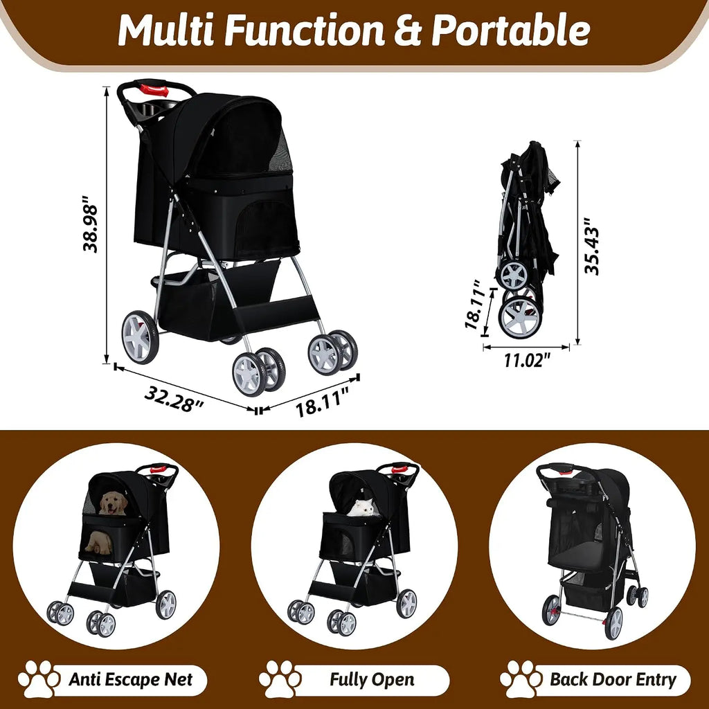 4-Wheel Pet Stroller for Small Dogs & Cats with Breathable Mesh, Cup Holder & Storage Basket — Black