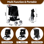 4-Wheel Pet Stroller for Small Dogs & Cats with Breathable Mesh, Cup Holder & Storage Basket — Black