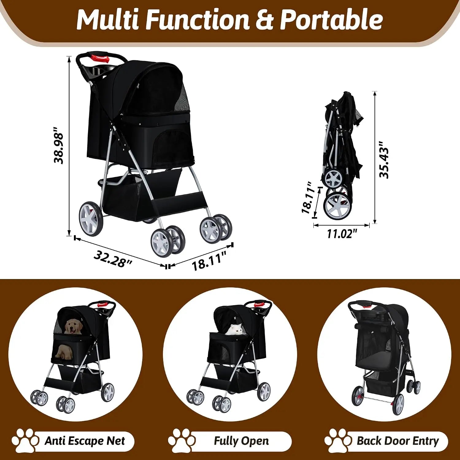 4-Wheel Pet Stroller for Small Dogs & Cats with Breathable Mesh, Cup Holder & Storage Basket — Black
