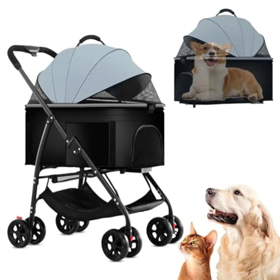 3-in-1 Multifunction 4-Wheel Folding Dog Stroller with Detachable Carrier