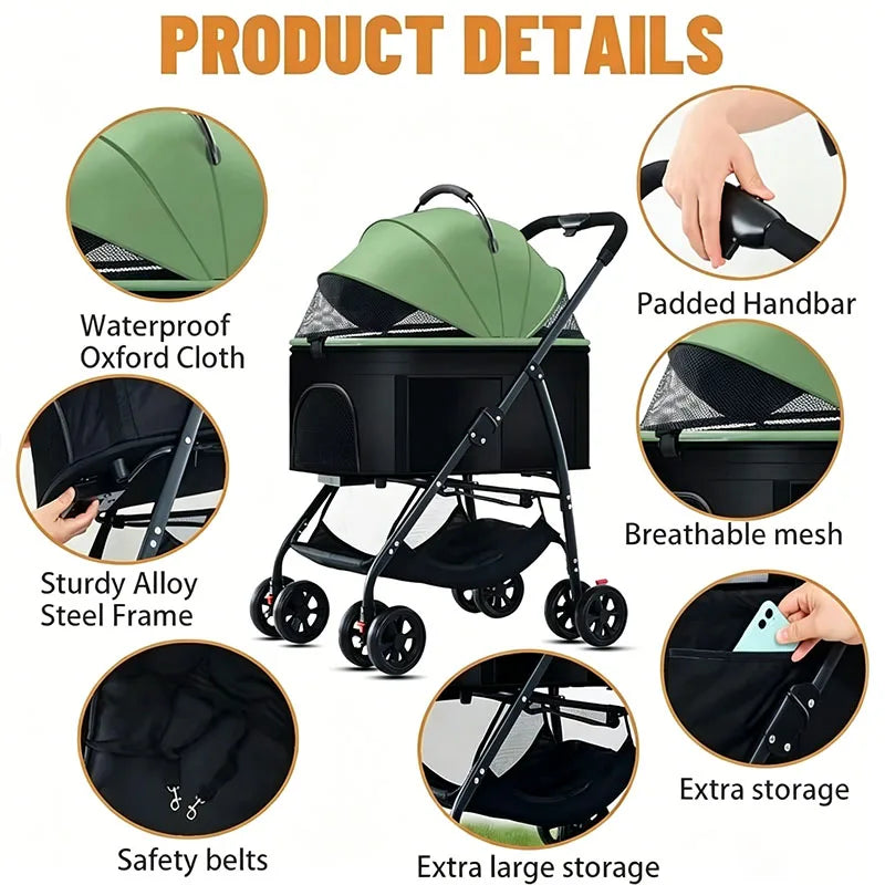 3-in-1 Lightweight Foldable Pet Stroller for Small & Medium Dogs & Cats — Outdoor Carrier with Car Seat Mode
