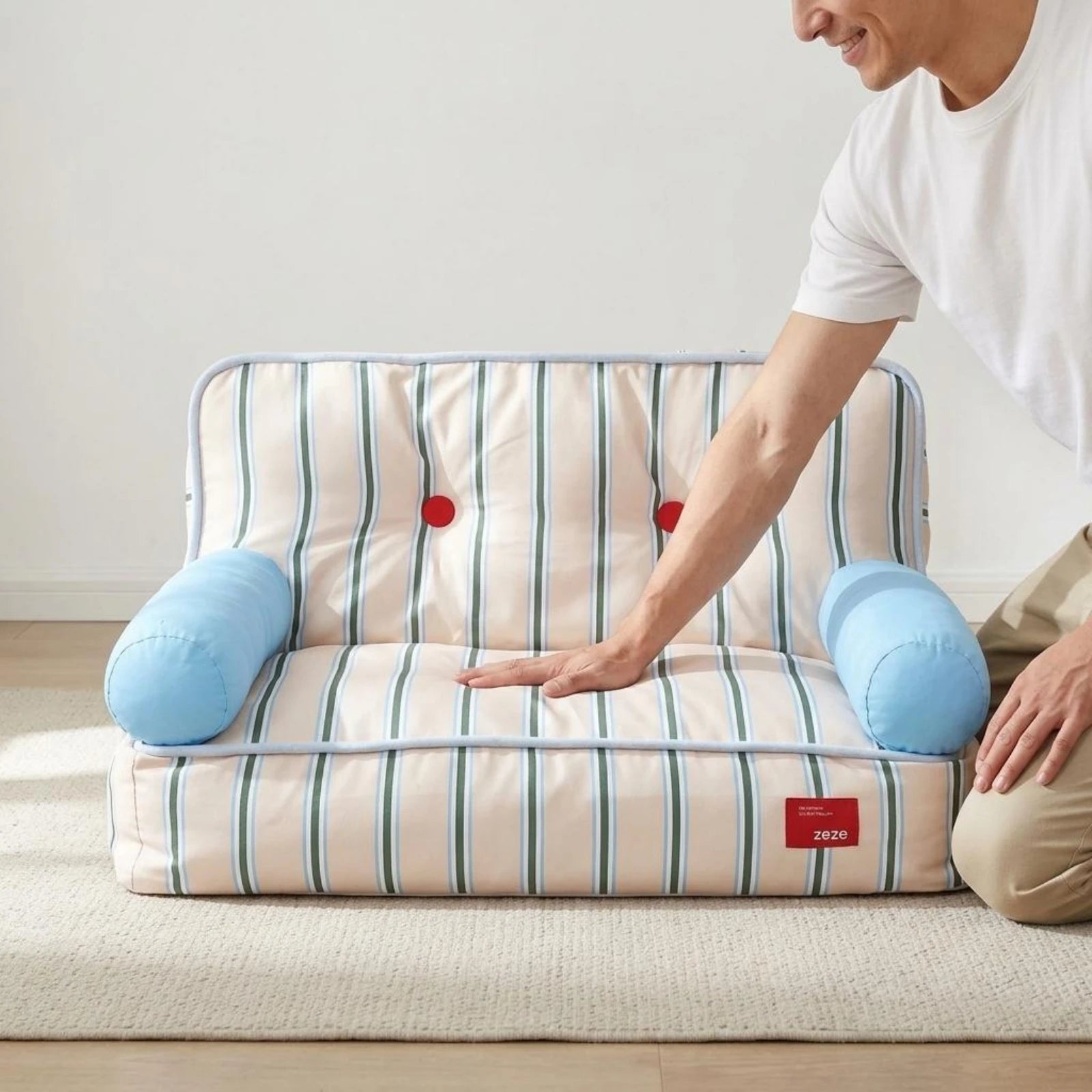 Striped Light Blue Padded Pet Sofa Bed