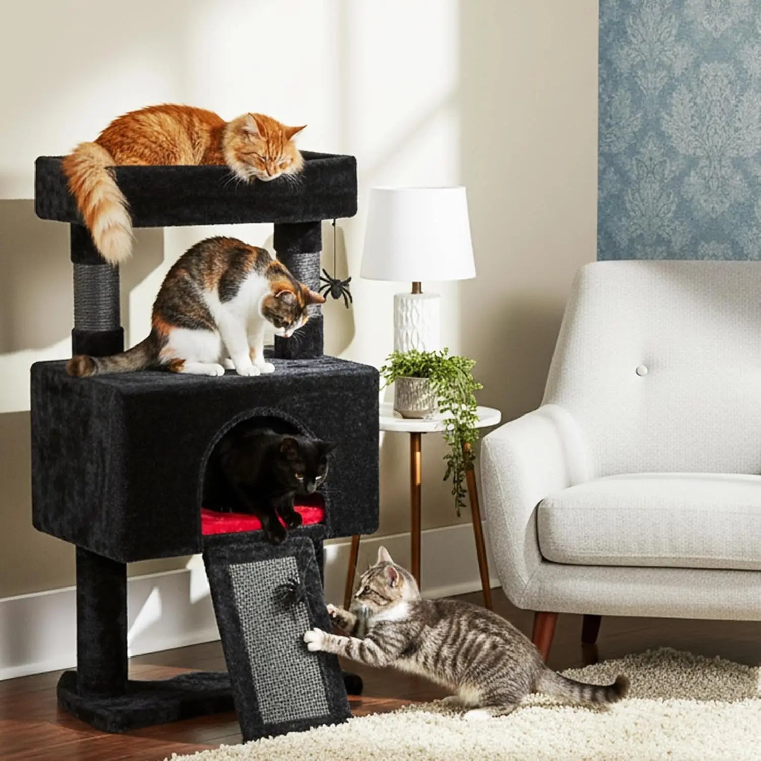 Gothic Cat Tree Tower with Coffin Bed, 33.6in, Black & Red