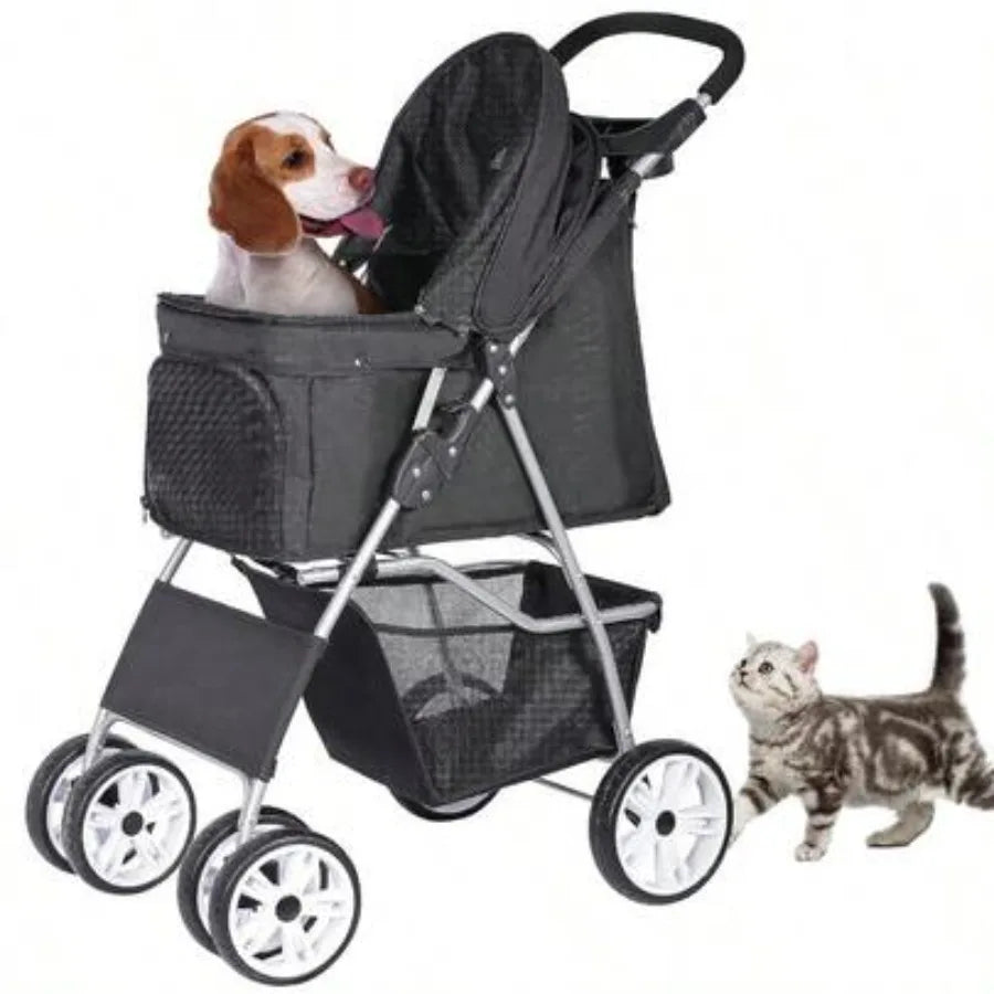 ZENY Foldable 4-Wheel Pet Stroller for Dogs & Cats with Storage Basket & Cup Holder